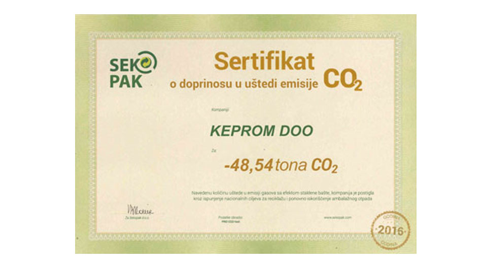 Kompanija Keprom dobila sertifikat o umanjenju emisije CO2 za 2016. godinu