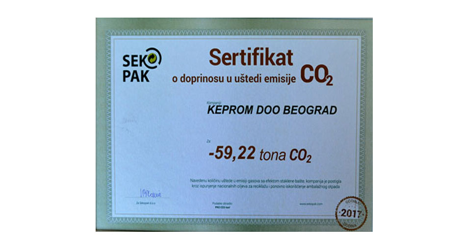 Kompanija Keprom dobila sertifikat o umanjenju emisije CO2 za 2017. godinu